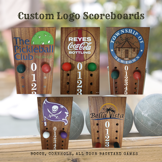 Custom logo bocce scoreboard | Your club logo engraved at top.