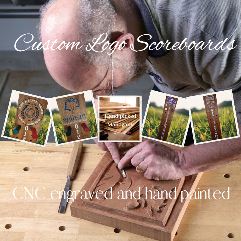 Custom wooden Bocce scoreboards being carved by a woodworker.