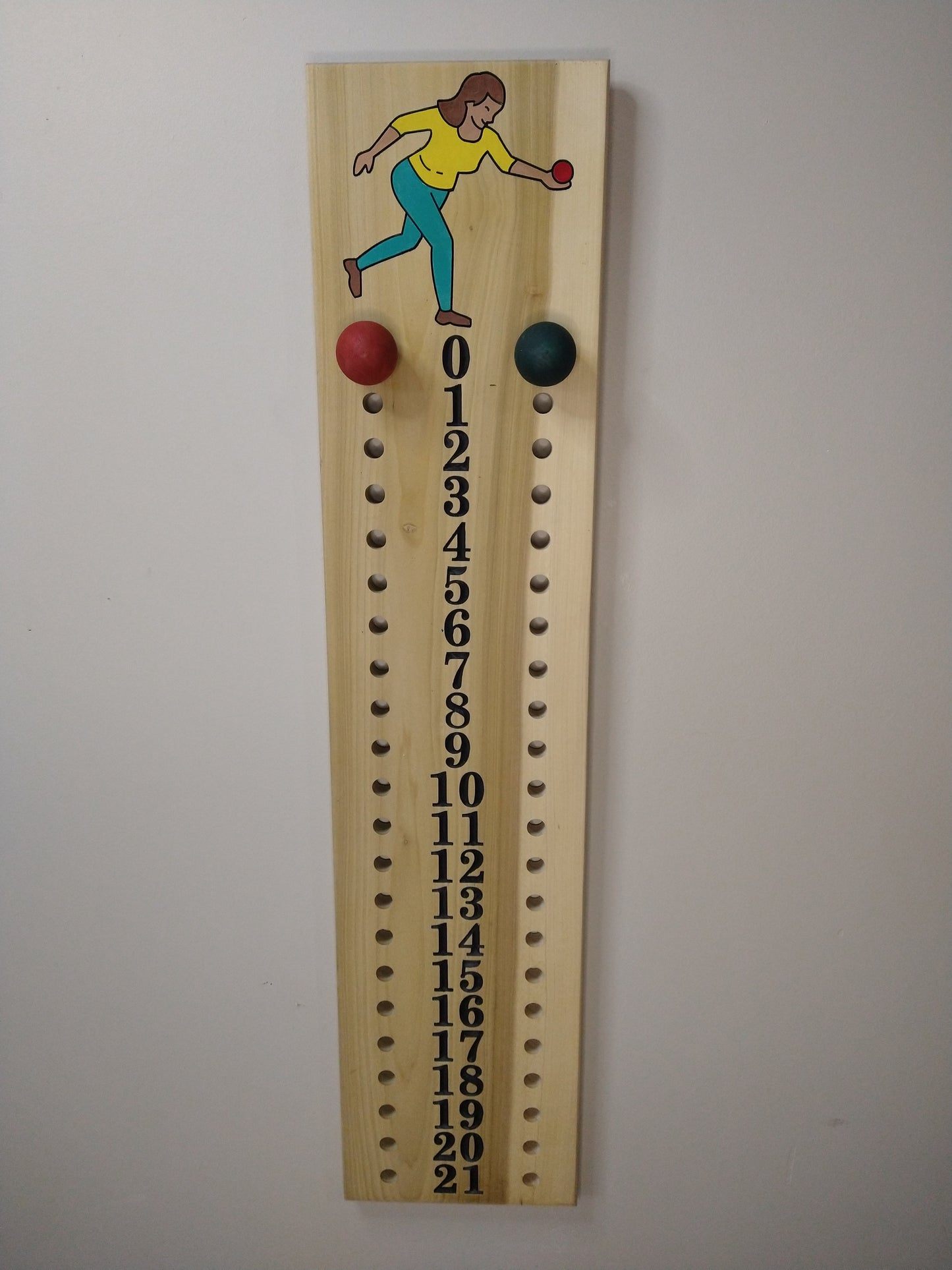 Bocce scoreboard with 0-21 numbering and female image at top