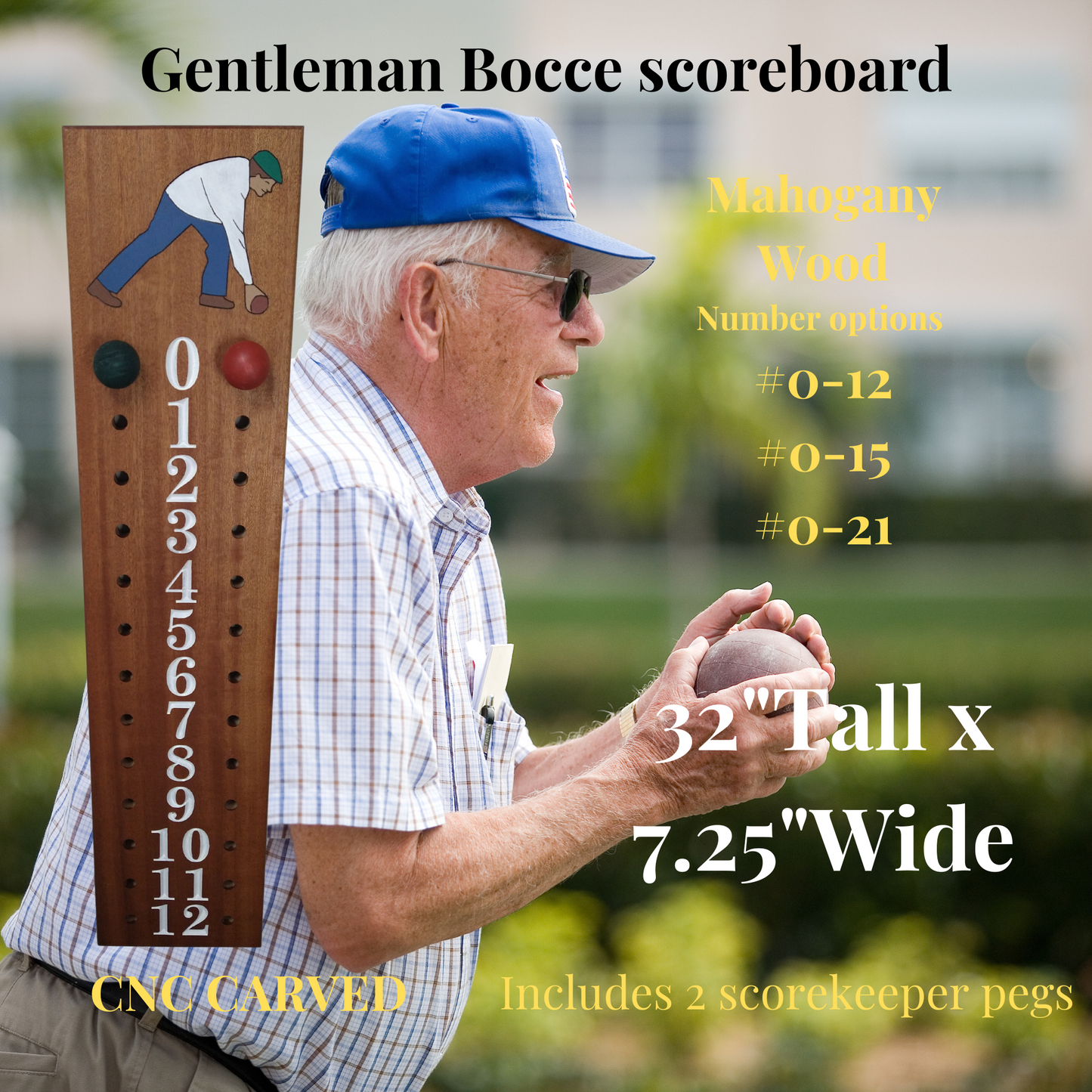 Mahogany bocce scoreboard with gentleman player image at top. #0-12