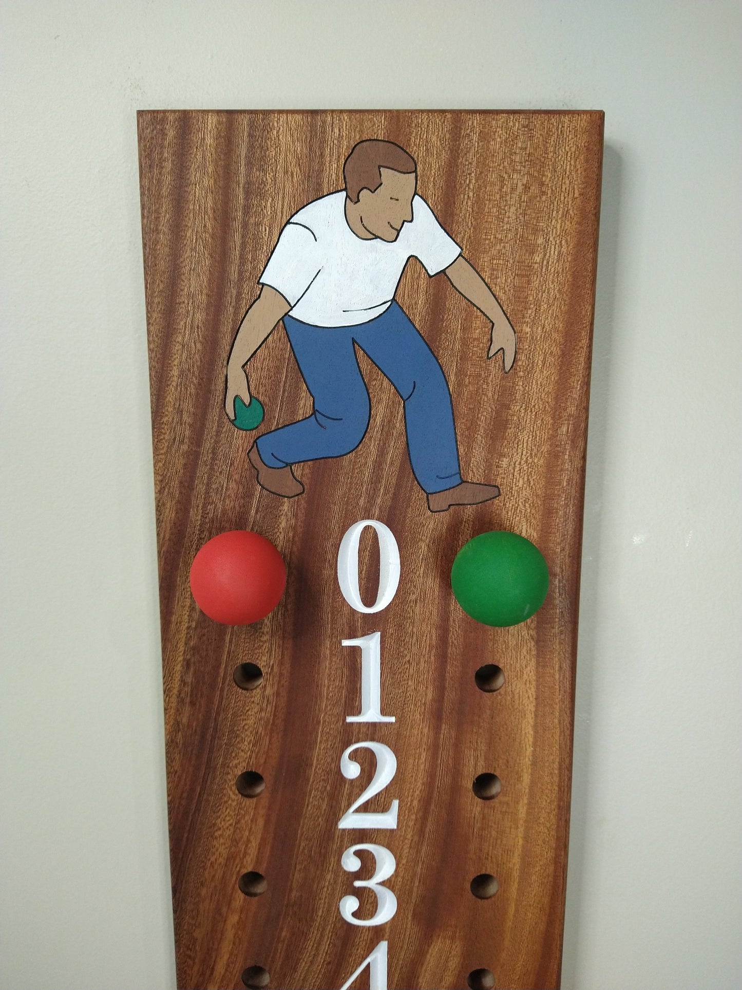 Bocce - Cornhole scoreboard | Mahogany | with Male bocce player engraved image.