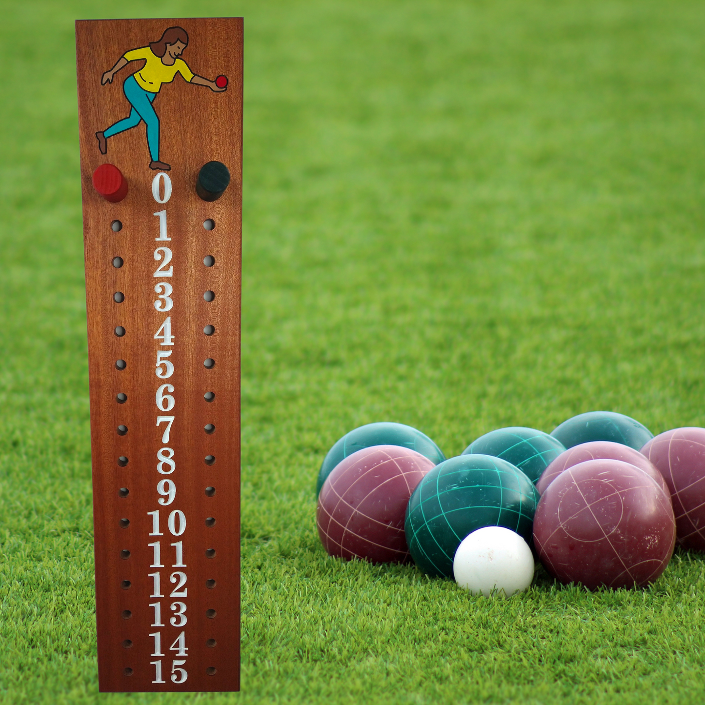 Womans bocce league scoreboard | Mahogany | with Female bocce player engraved image| Great gift.