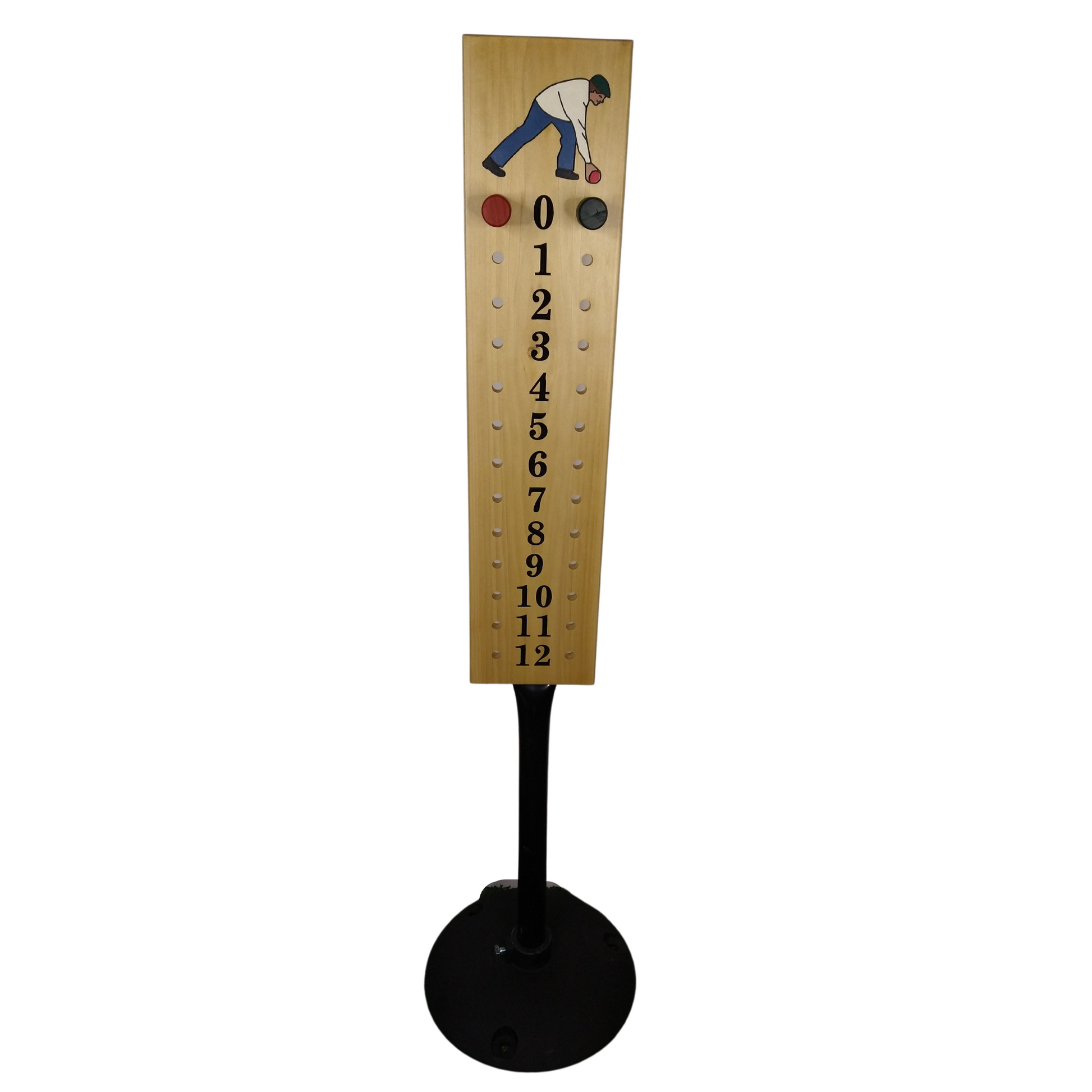 Poplar bocce scoreboard mounted on stand