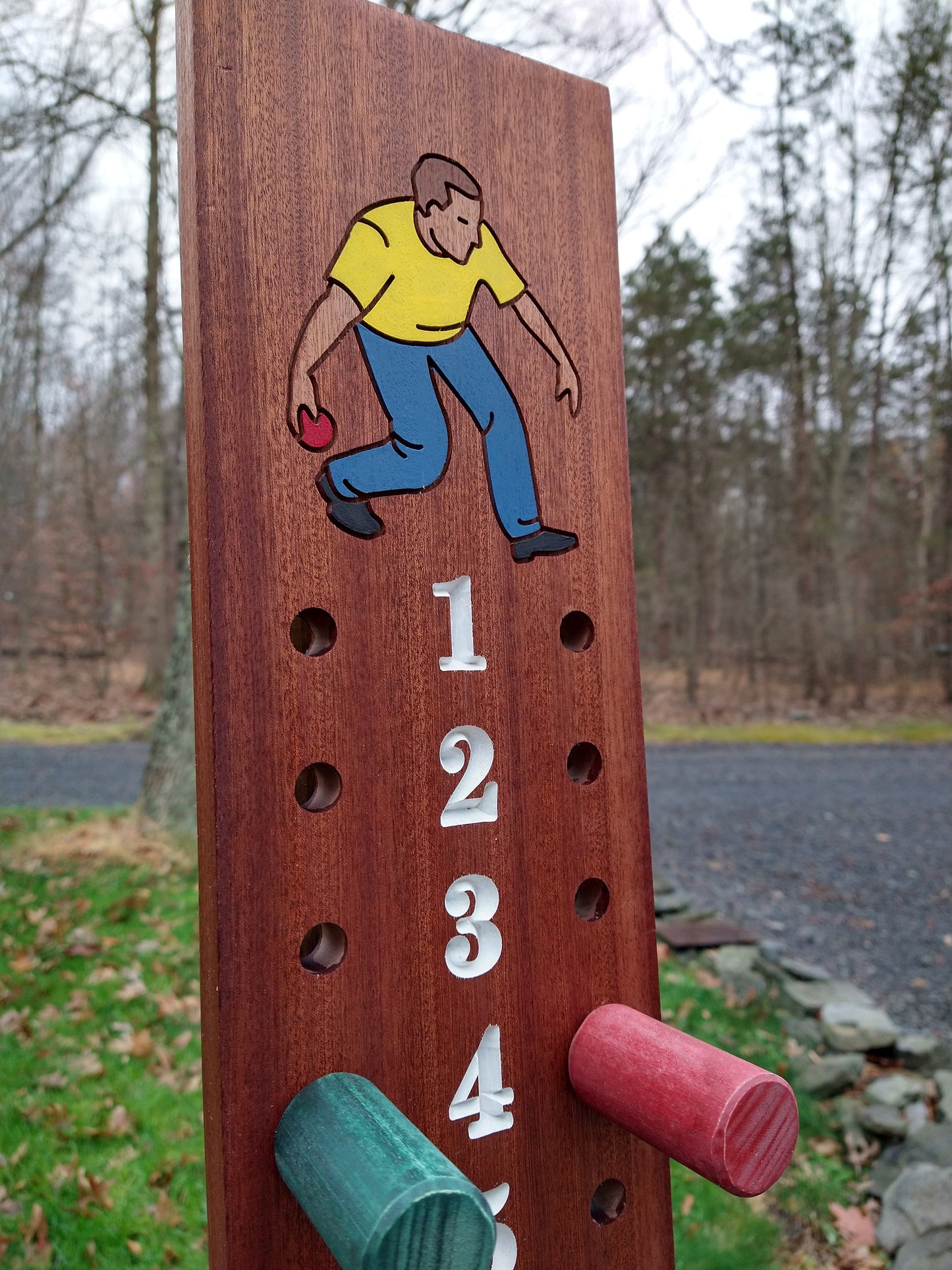 Bocce scoreboard | Mahogany | Male bocce player engraved image | 6"WIDE.