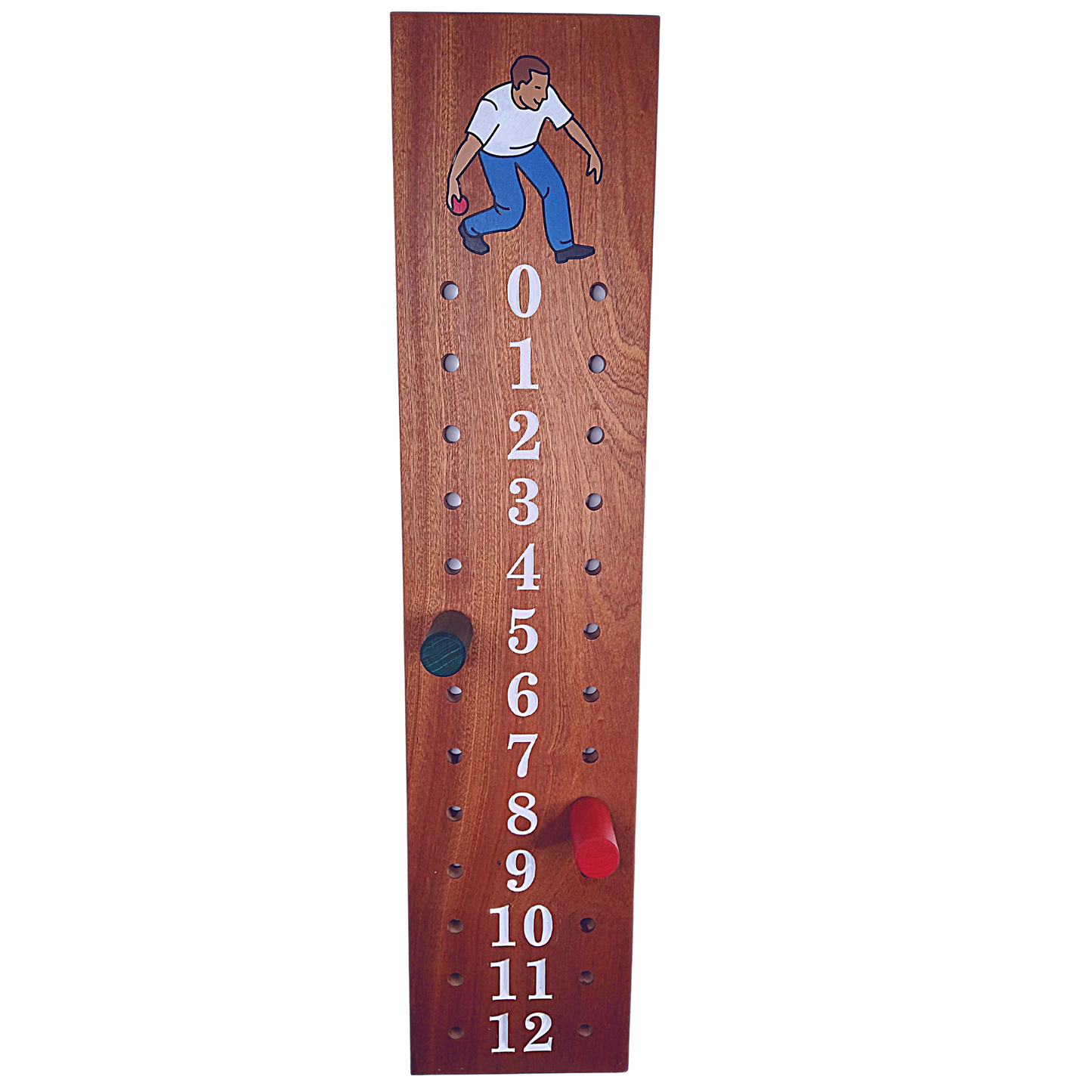Mahogany bocce scoreboard with male player image