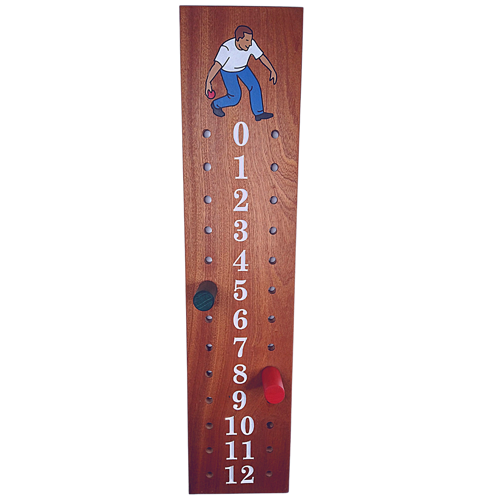 Mahogany bocce scoreboard with male player image