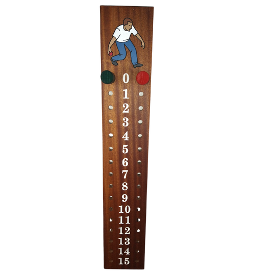 Bocce scoreboard | Mahogany | Male bocce player engraved image | 6"WIDE.