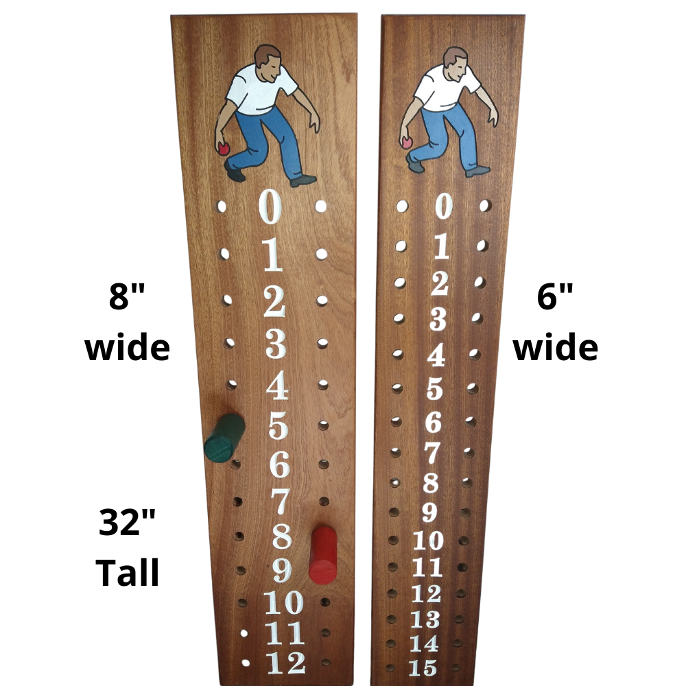 Bocce scoreboard | Mahogany | Male bocce player engraved image | 6"WIDE.