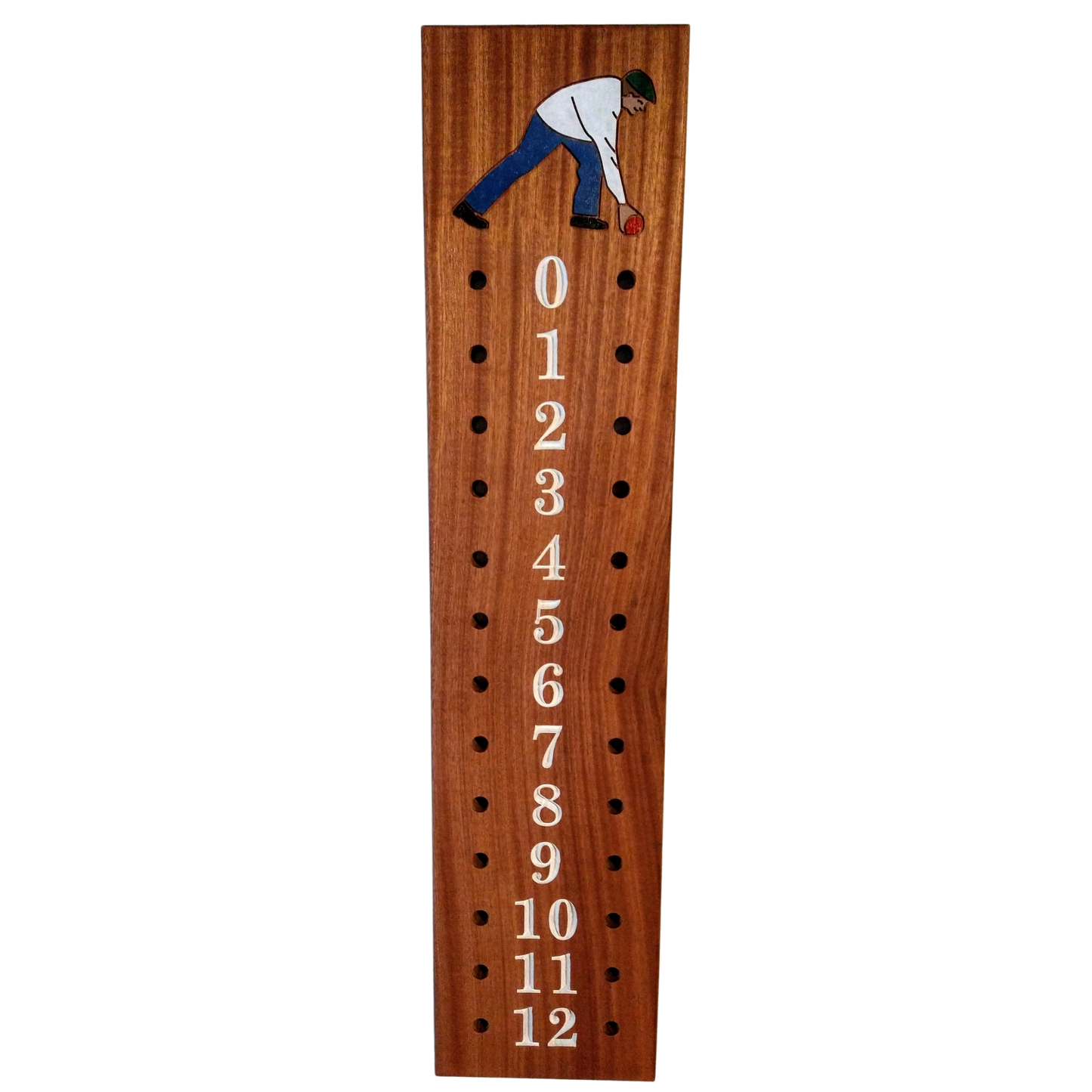 Bocce scoreboard | Mahogany | with gentleman bocce player engraved image.