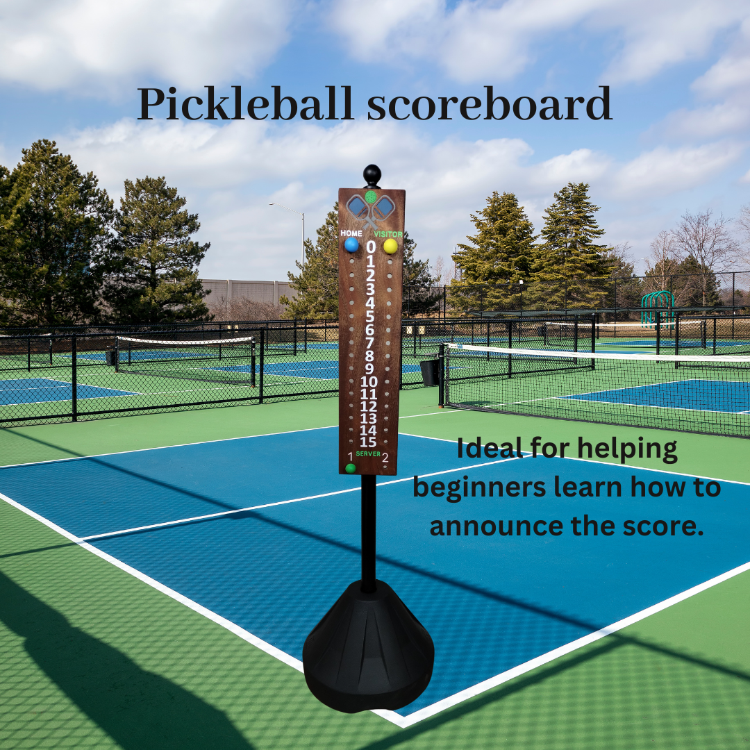 Mahogany Pickleball scoreboard on mobile stand numbered 0-15 with server 1&2
