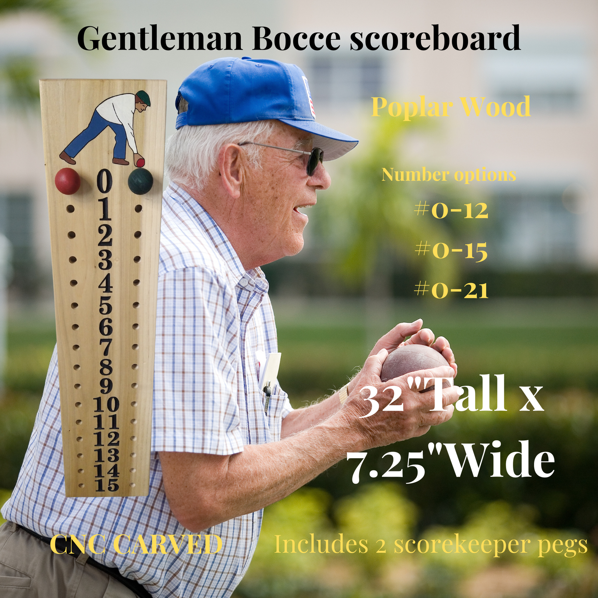 Poplar bocce scoreboard 0-15 with gentleman image at top