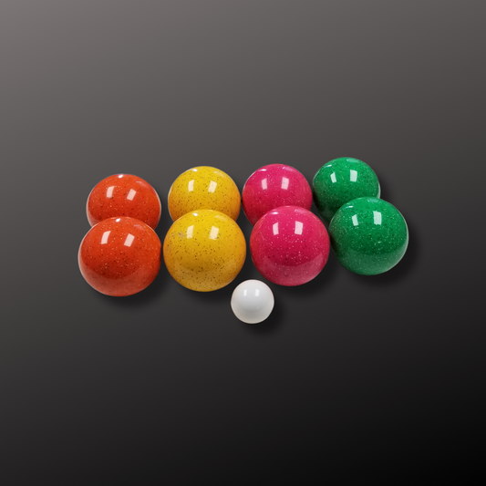 EPCO bocce ball set, bright colors, red, yellow,  pink, green with speceles .