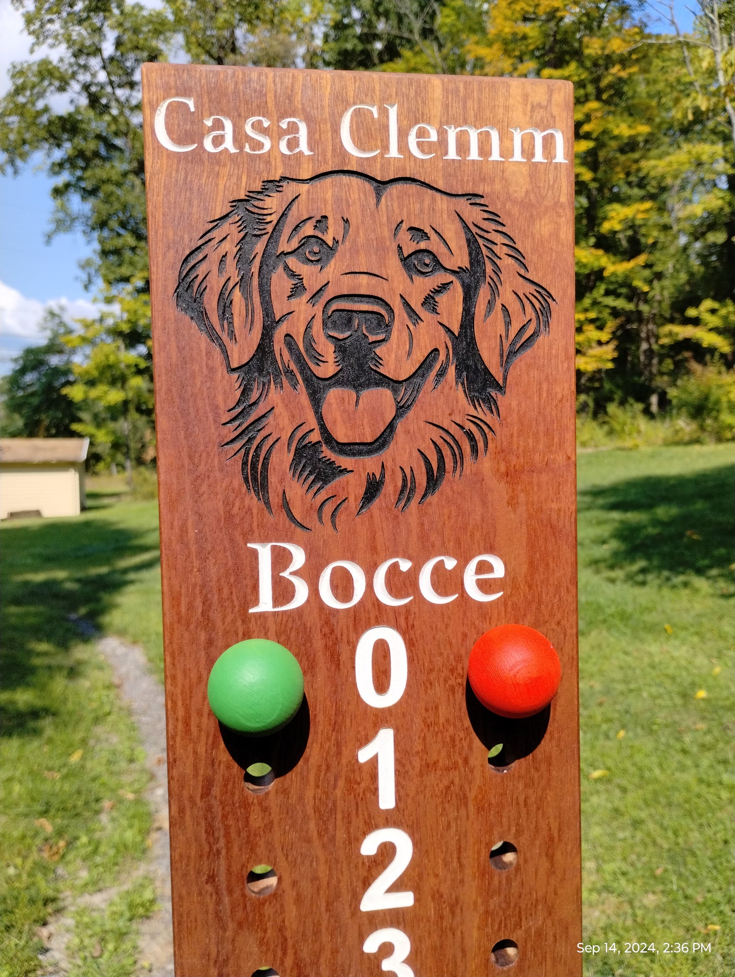 Custom logo bocce scoreboard | Your club logo engraved at top.