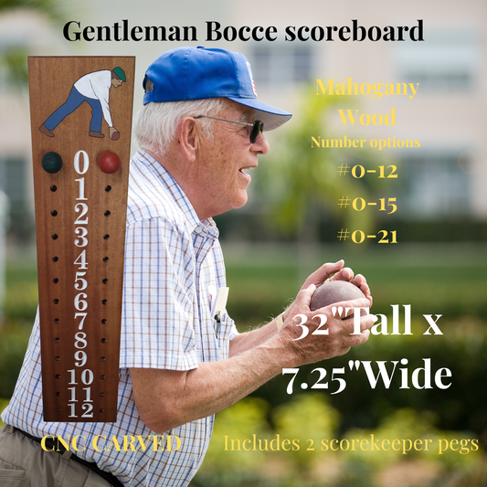 Mahogany bocce scoreboard with gentleman player image at top. #0-12