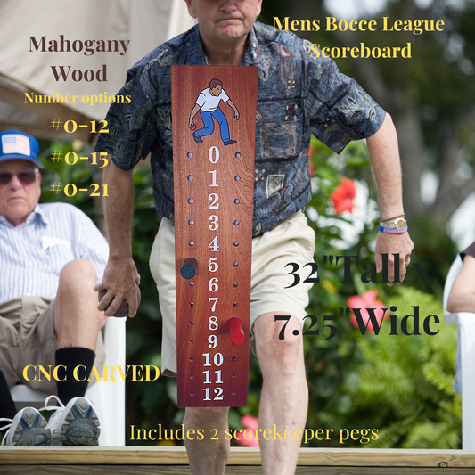 Bocce scoreboard with Male image carved at top . #0-12