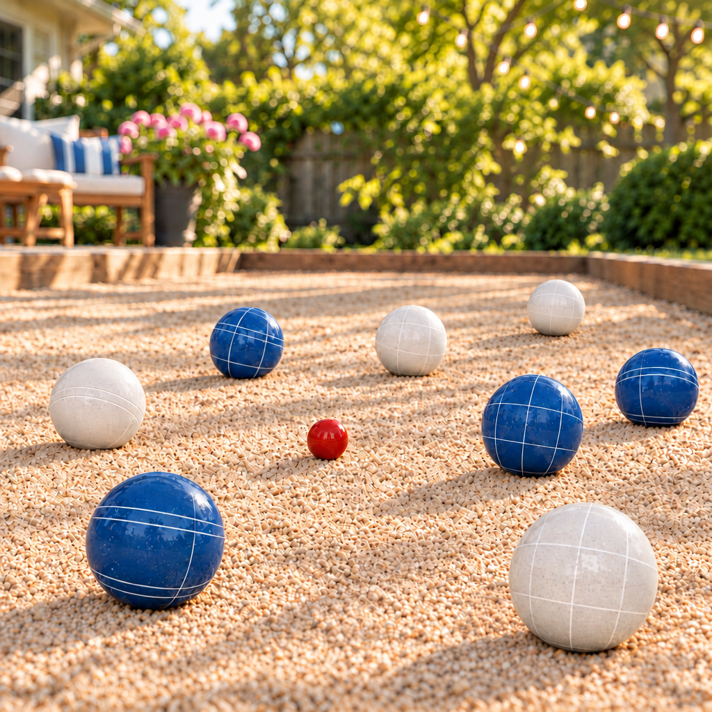 Backyard bocce scene with an additional white ball