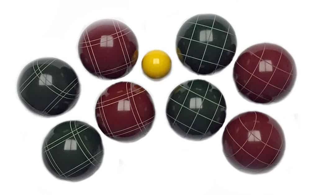 EPCO 107mm bocce set with four dark red balls, four dark green balls, and a yellow pallina.