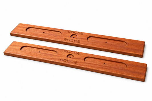 Empty mahogany bocce ball rack on white background