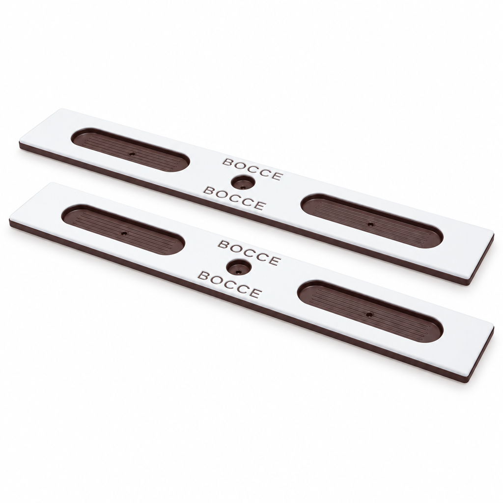 Two empty white bocce ball holders with brown recesses and BOCCE engraving on a white background.