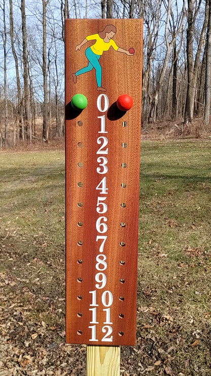 Womans bocce league scoreboard | Mahogany | with Female bocce player engraved image| Great gift.