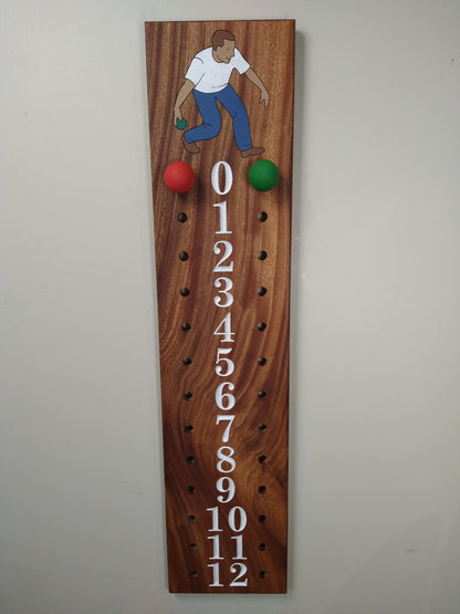 Bocce - Cornhole scoreboard | Mahogany | with Male bocce player engraved image.