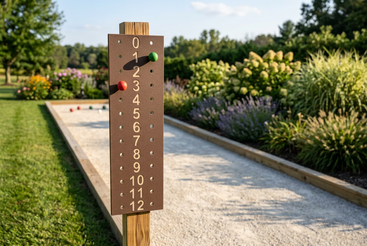 Scoreboard mounted beside a backyard bocce court