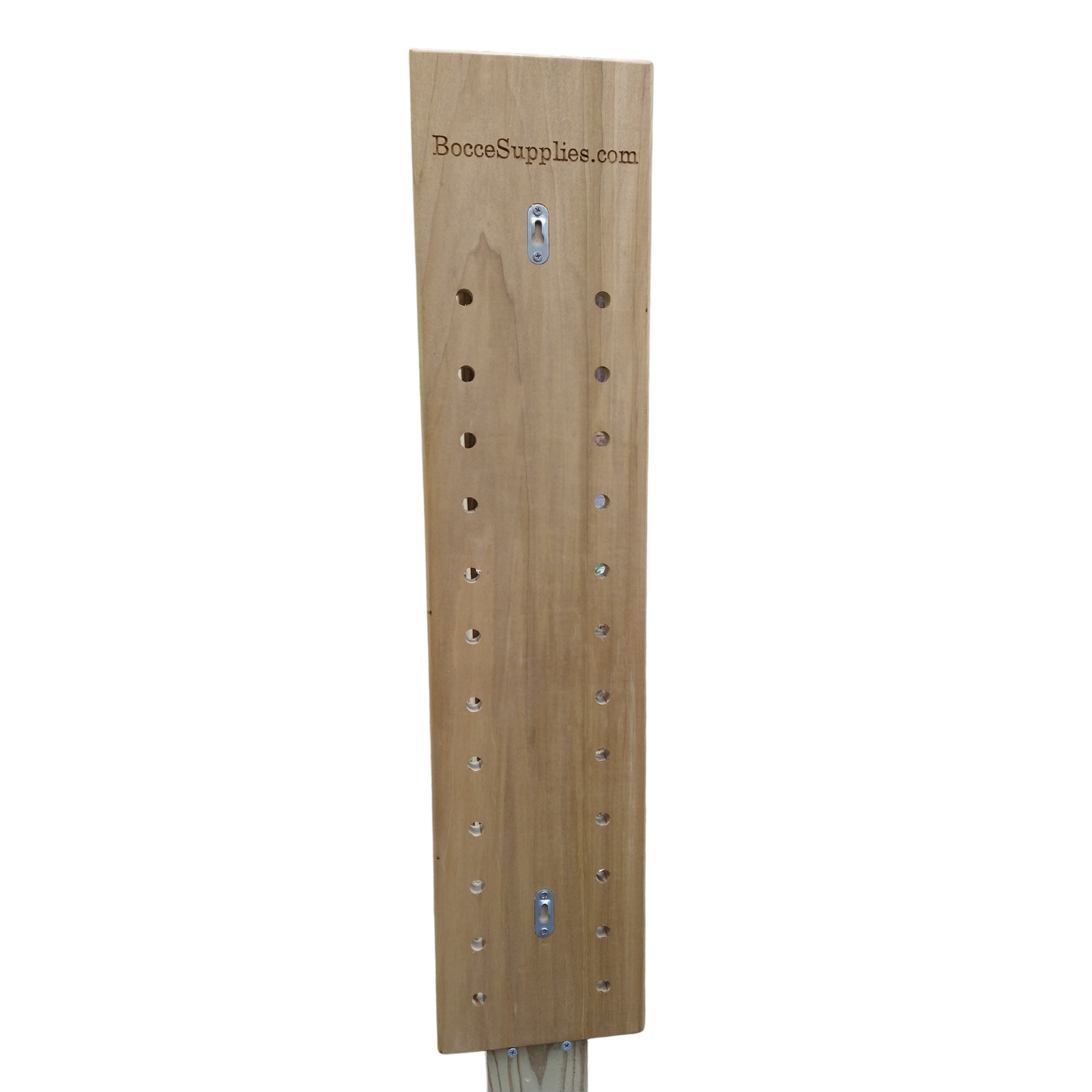 Backside of poplar bocce scoreboard with keyhole hangers