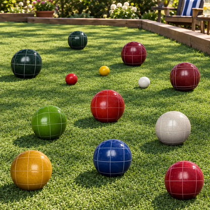 A collection of Bocce balls in various colors including dark red, dark green, lime green, orange, marigold, red, white, and blue, with and without stripes. Also includes a yellow, white, or red pallina and a set of rules.