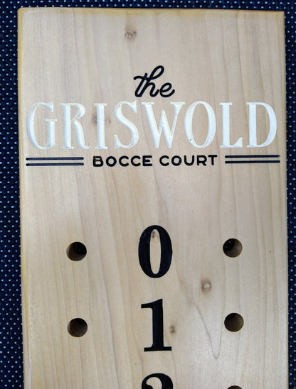 The Griswold logo bocce scoreboard