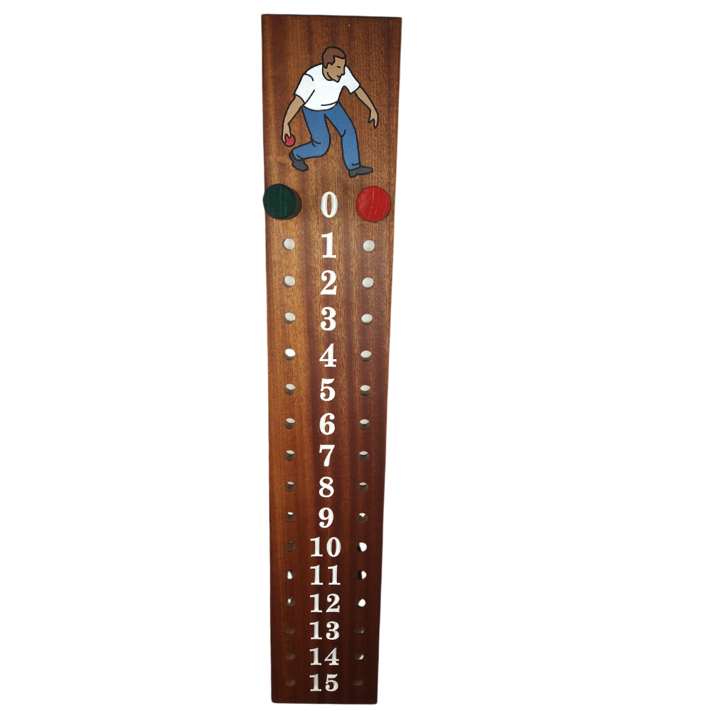 Bocce scoreboard | Mahogany | Male bocce player engraved image | 6"WIDE.