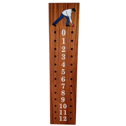 Bocce scoreboard | Mahogany | with gentleman bocce player engraved image.